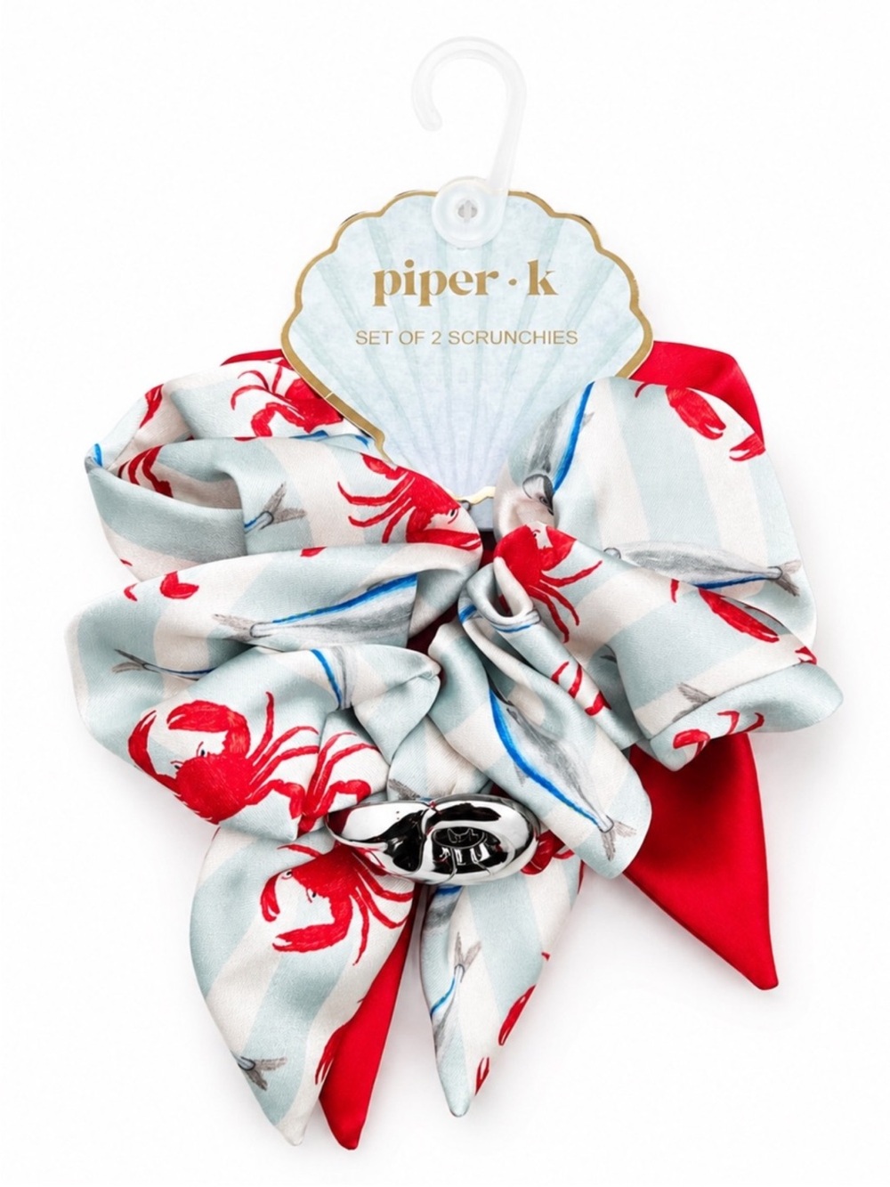 Piper K Red & Light Blue Crab Print Scrunchie Set